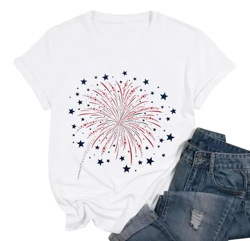 4th of July Tops for Women Loves Jesus and America Too Shirt Patriotic Shirts Red White and Blue Tshirts Gray S