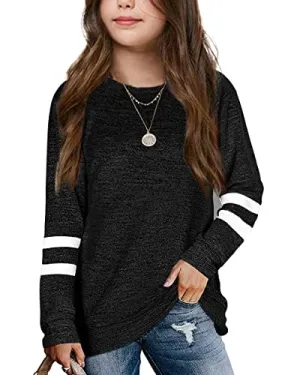 Apbondy Girls Shirts Casual Long Sleeve Crewneck Loose Striped Sweatshirts Pullover Tops Black