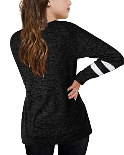 Apbondy Girls Shirts Casual Long Sleeve Crewneck Loose Striped Sweatshirts Pullover Tops Black