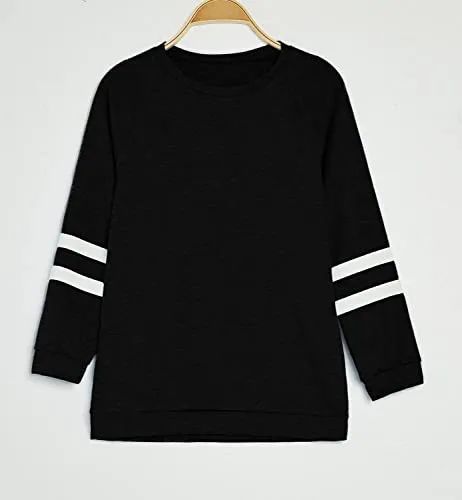 Apbondy Girls Shirts Casual Long Sleeve Crewneck Loose Striped Sweatshirts Pullover Tops Black