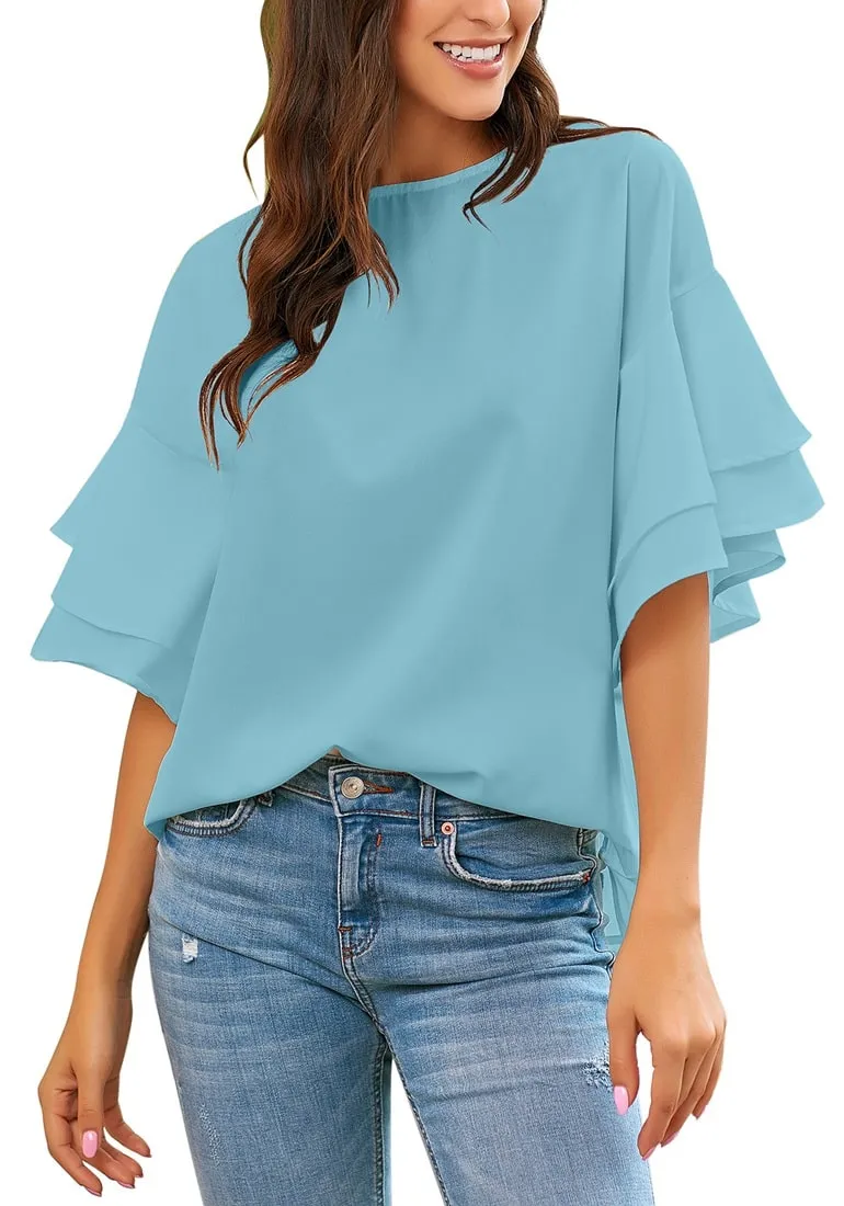 Crystal Blue Trumpet Sleeves Keyhole-Back Blouse