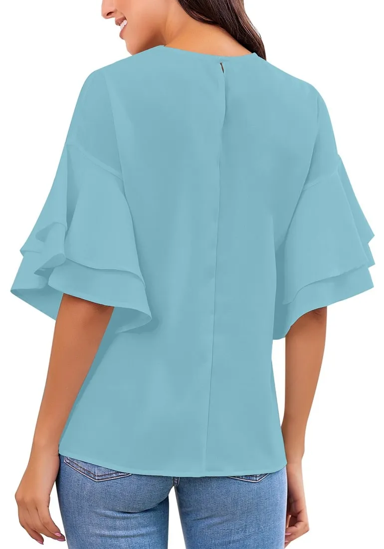 Crystal Blue Trumpet Sleeves Keyhole-Back Blouse