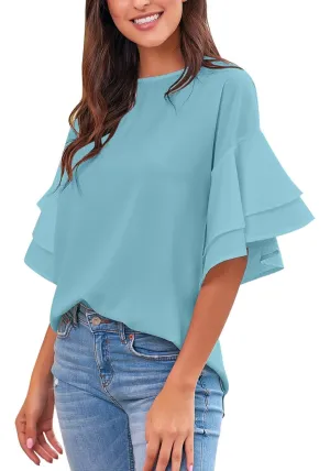 Crystal Blue Trumpet Sleeves Keyhole-Back Blouse