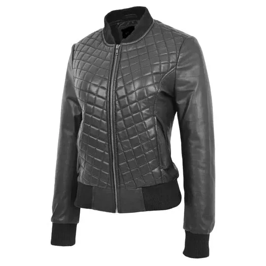 Diamond Quilted Fitted Varsity Strom Women's Leather Bomber Jacket