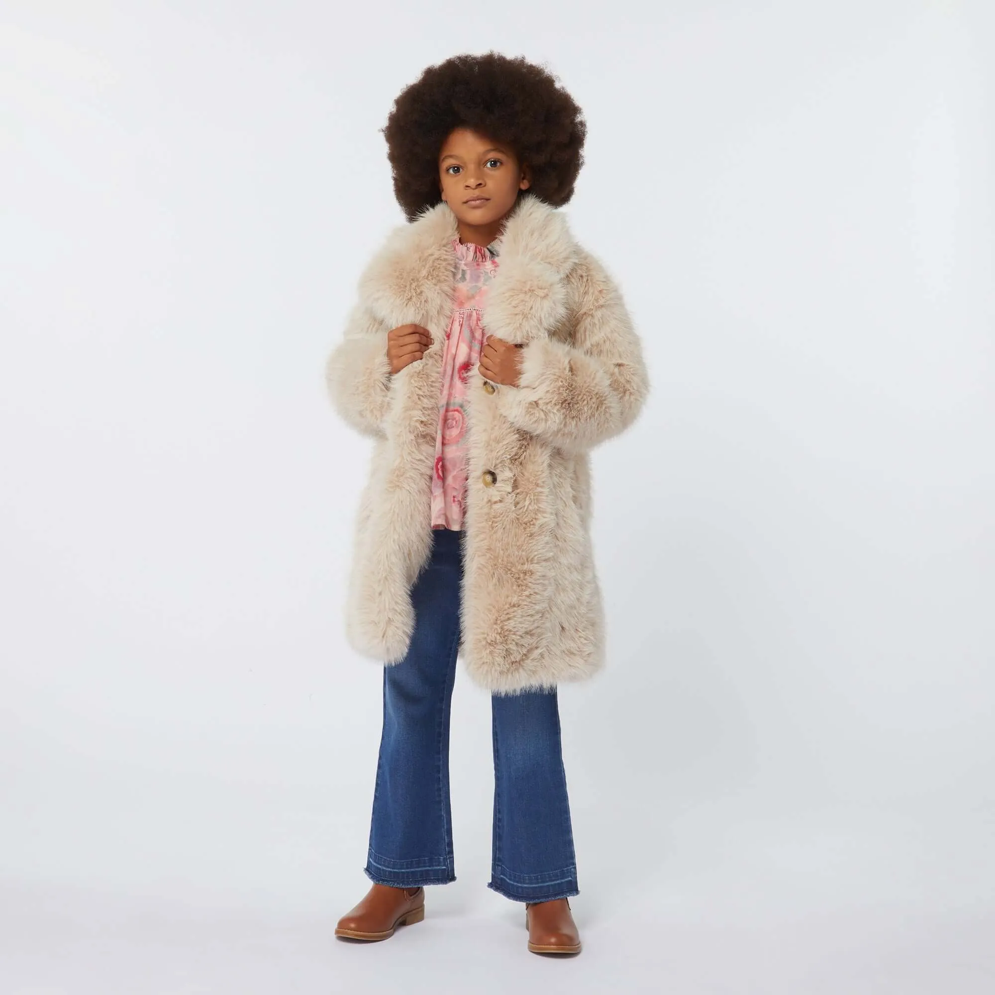 Girls Beige Faux Fur Coat