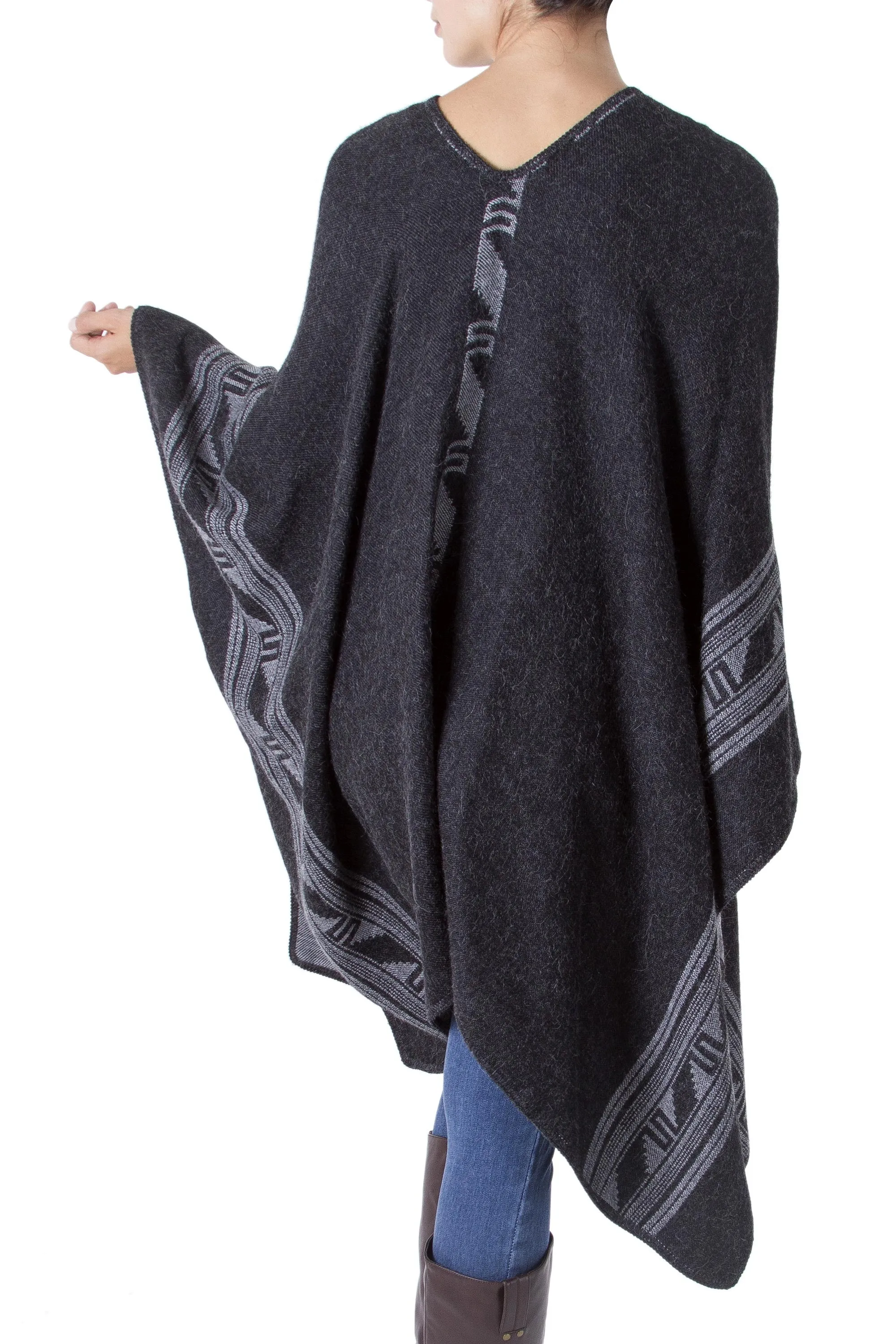 Gray & Black Glyphs Alpaca Blend Reversible Poncho