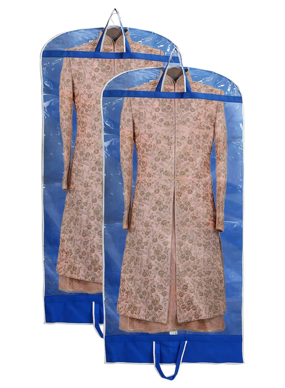 Heart Home Non Woven Foldable Long Tranasparent Garment Cover For for Sherwani, Coat, Kurti & More With Zipper- Pack of 2 (Blue)-47HH01265