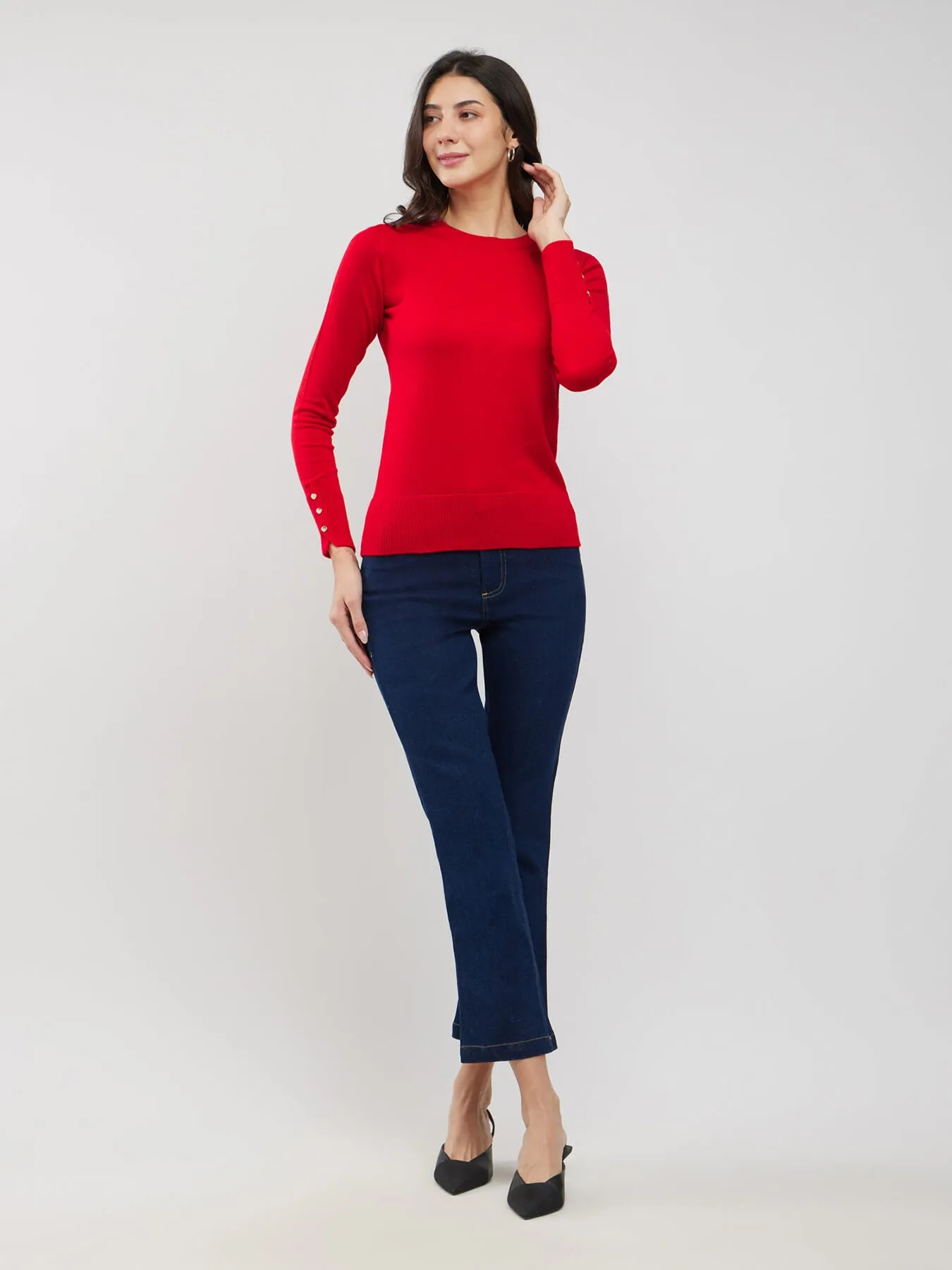 LivSoft Round Neck Buttoned Sleeve Sweater - Red