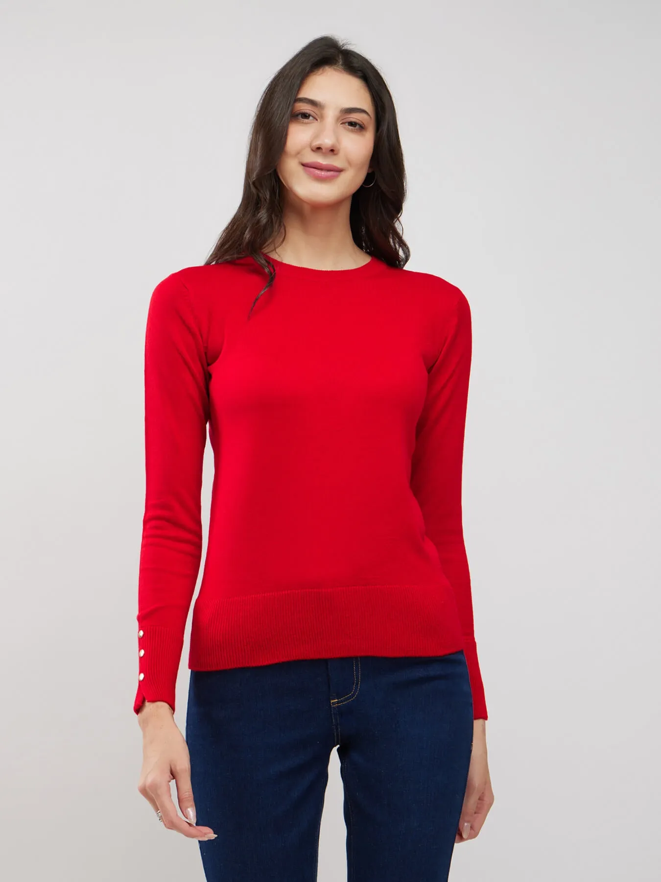 LivSoft Round Neck Buttoned Sleeve Sweater - Red