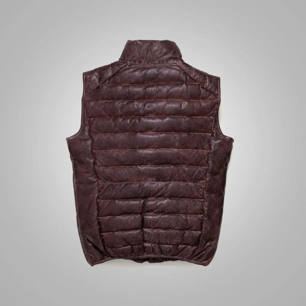 Mens Dark Brown Bubble Leather Down Vest