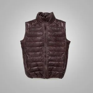 Mens Dark Brown Bubble Leather Down Vest