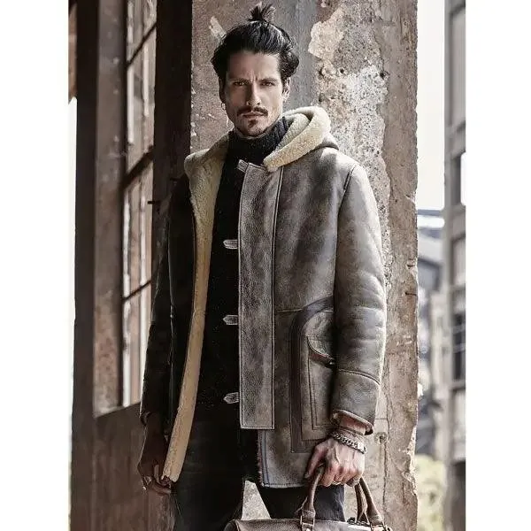 Men's Hooded Fur Coat Sheepskin Coat Long Leather Jacket Thick Men's Winter Coats