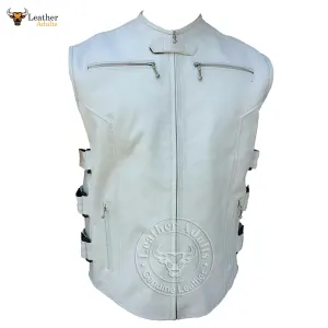 Mens White Leather Vest Biker Rider Motorbike Motorcycle Waistcoat Club SWAT Vest