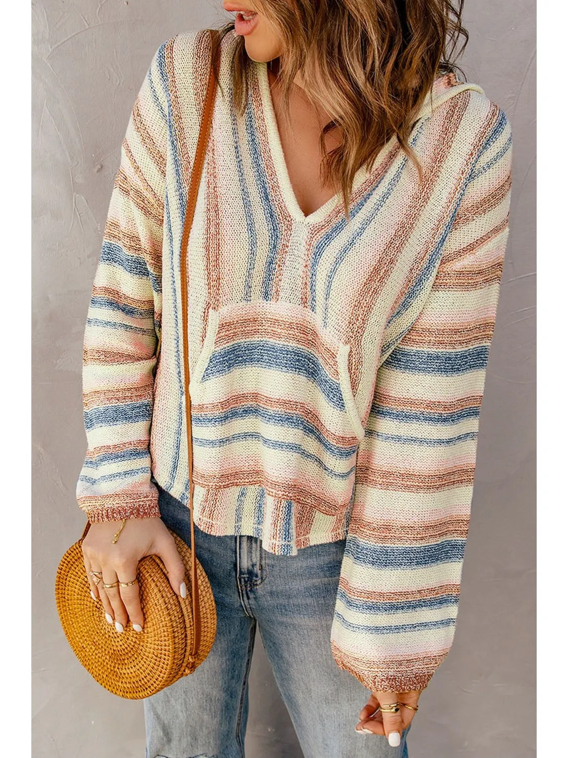 NicholesGifts Women Striped Hooded Sweater with Kangaroo Pocket