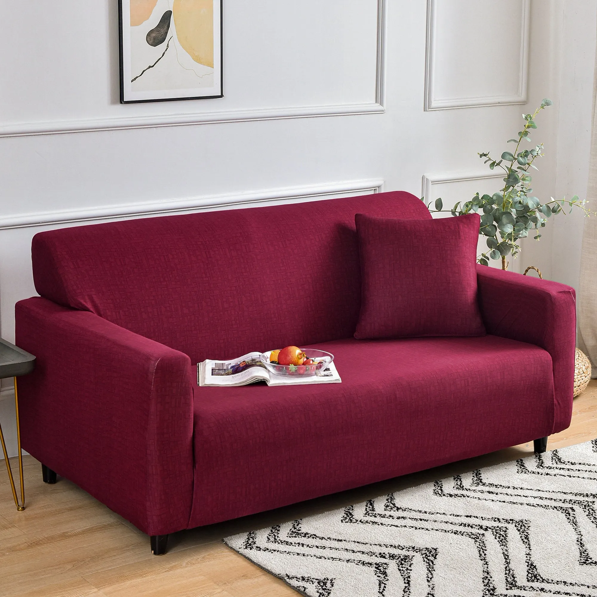 Story@Home Elastic Stretchable 1 | 2 | 3 | 4 Seater Wine Red Criss Cross Pattern Sofa Cover