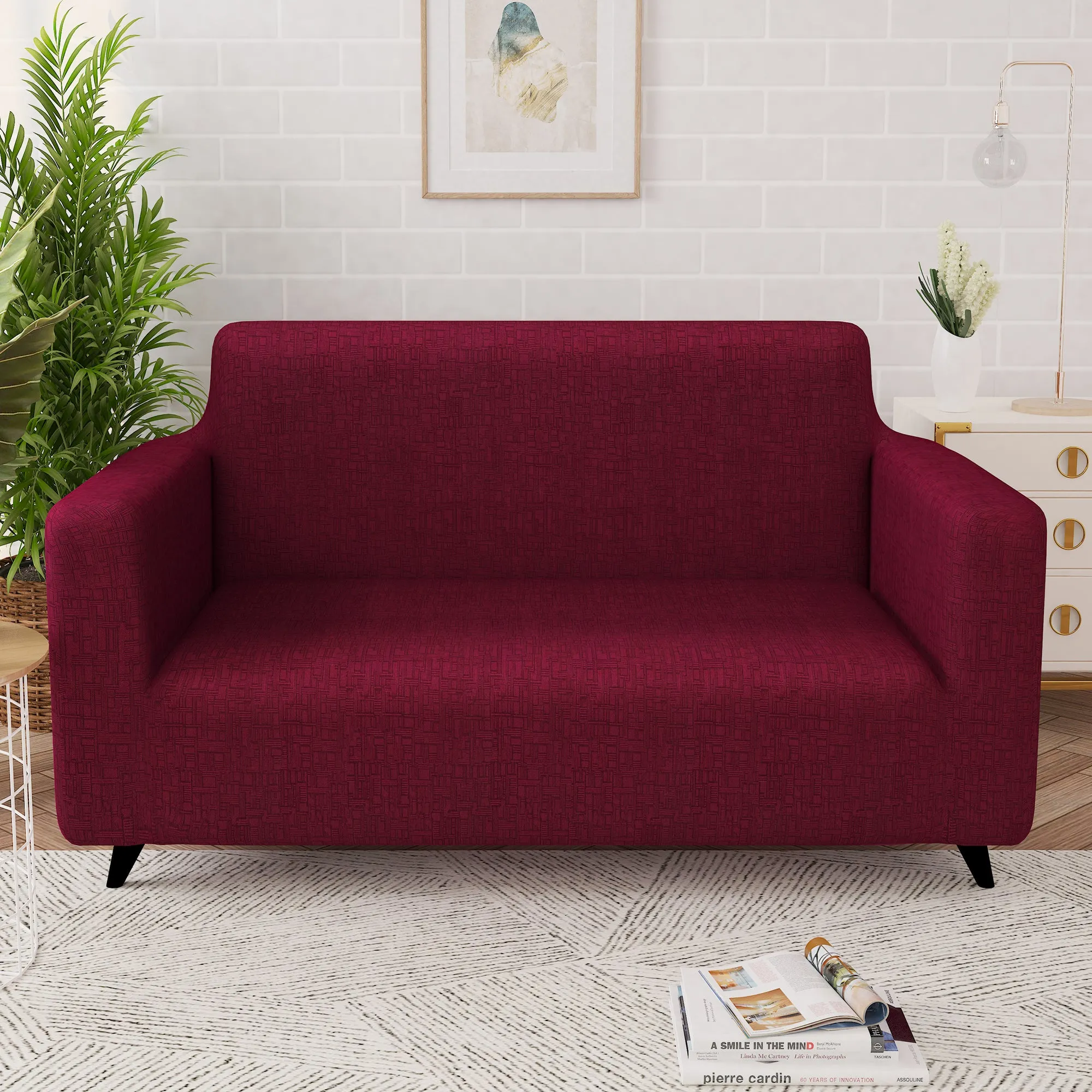 Story@Home Elastic Stretchable 1 | 2 | 3 | 4 Seater Wine Red Criss Cross Pattern Sofa Cover