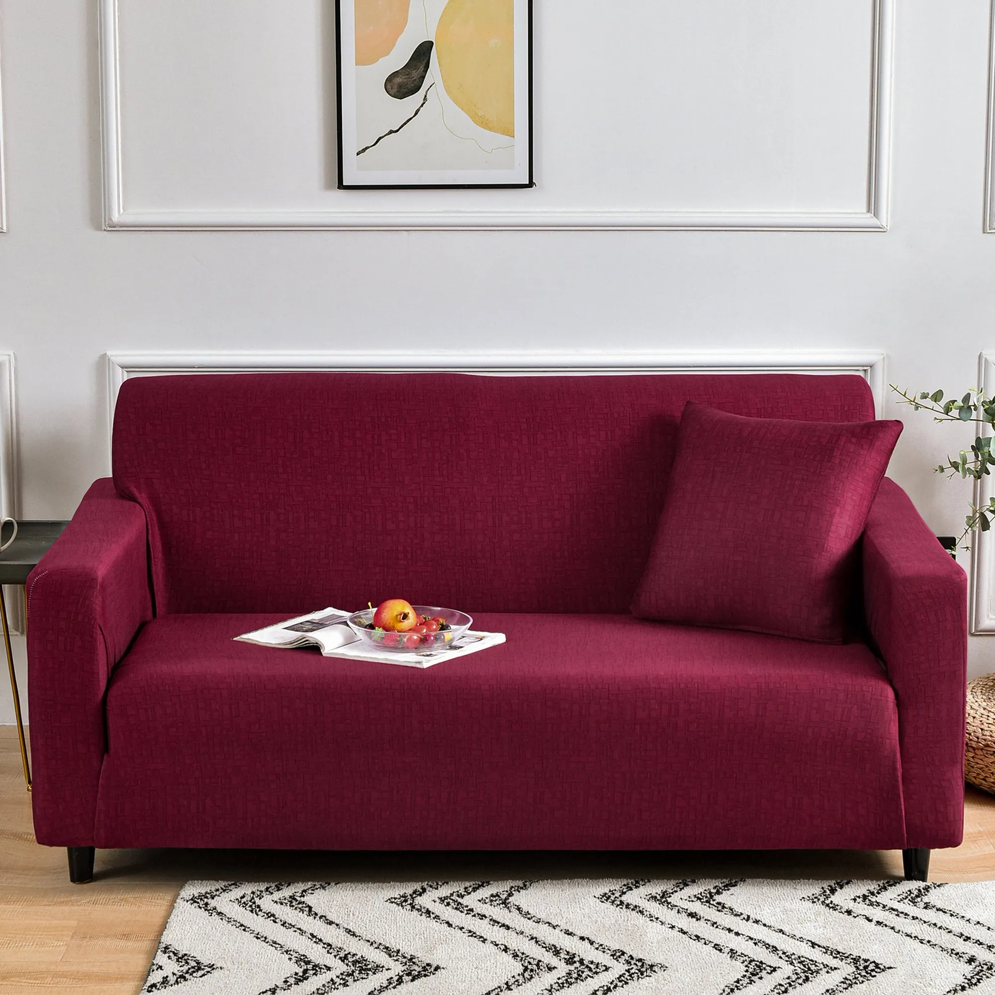 Story@Home Elastic Stretchable 1 | 2 | 3 | 4 Seater Wine Red Criss Cross Pattern Sofa Cover