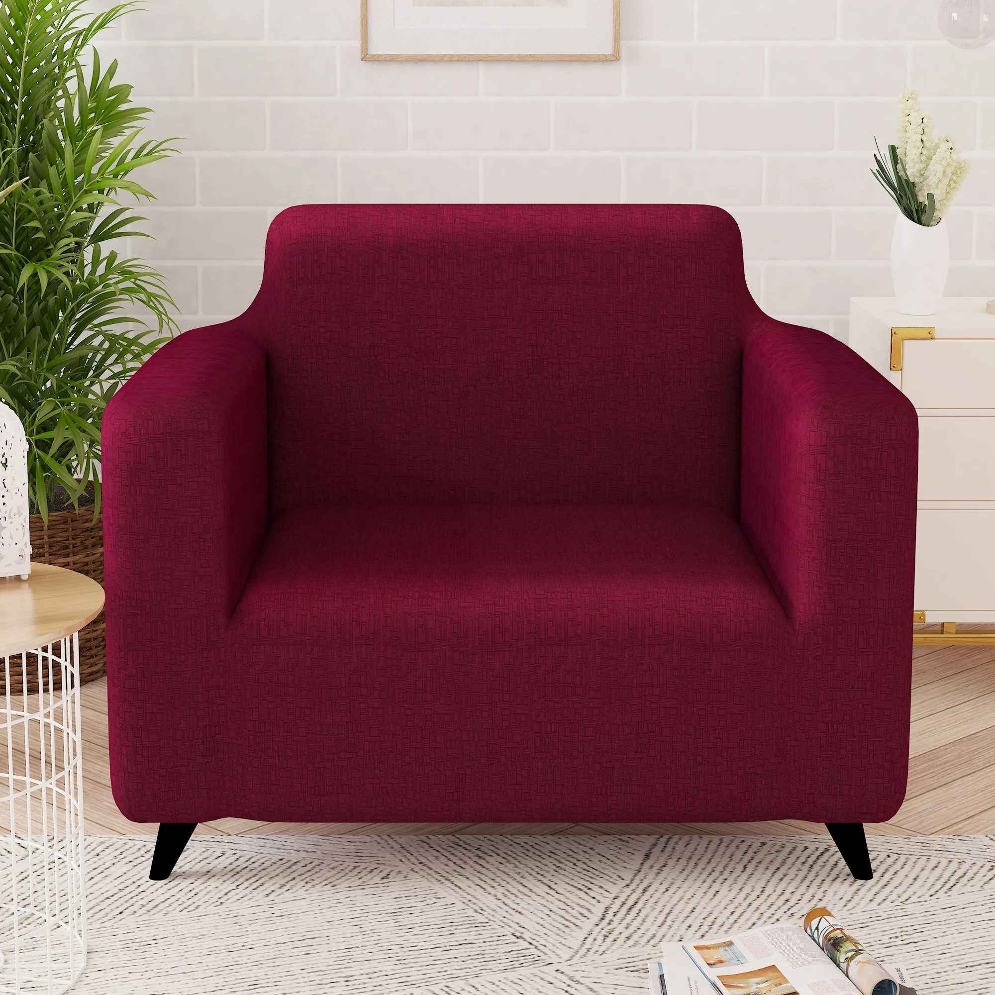 Story@Home Elastic Stretchable 1 | 2 | 3 | 4 Seater Wine Red Criss Cross Pattern Sofa Cover