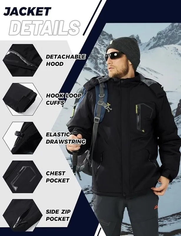 TACVASEN Men's Waterproof Fleece Mountain Jacket Windproof Warm Ski Jacket Multi-Pockets