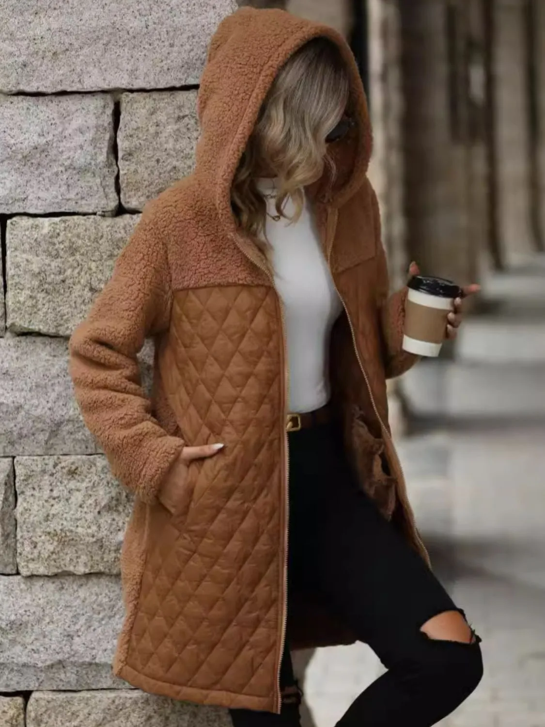 Texture Zip Up Long Sleeve Hooded Coat | Winter Coat