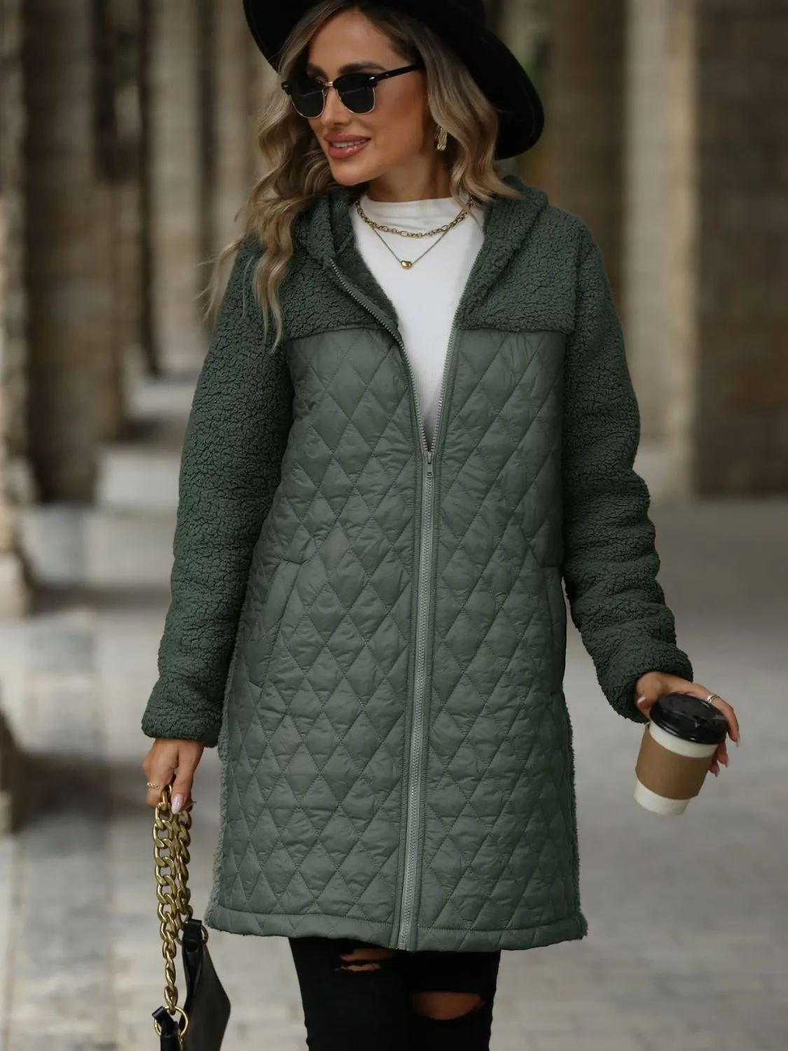 Texture Zip Up Long Sleeve Hooded Coat | Winter Coat