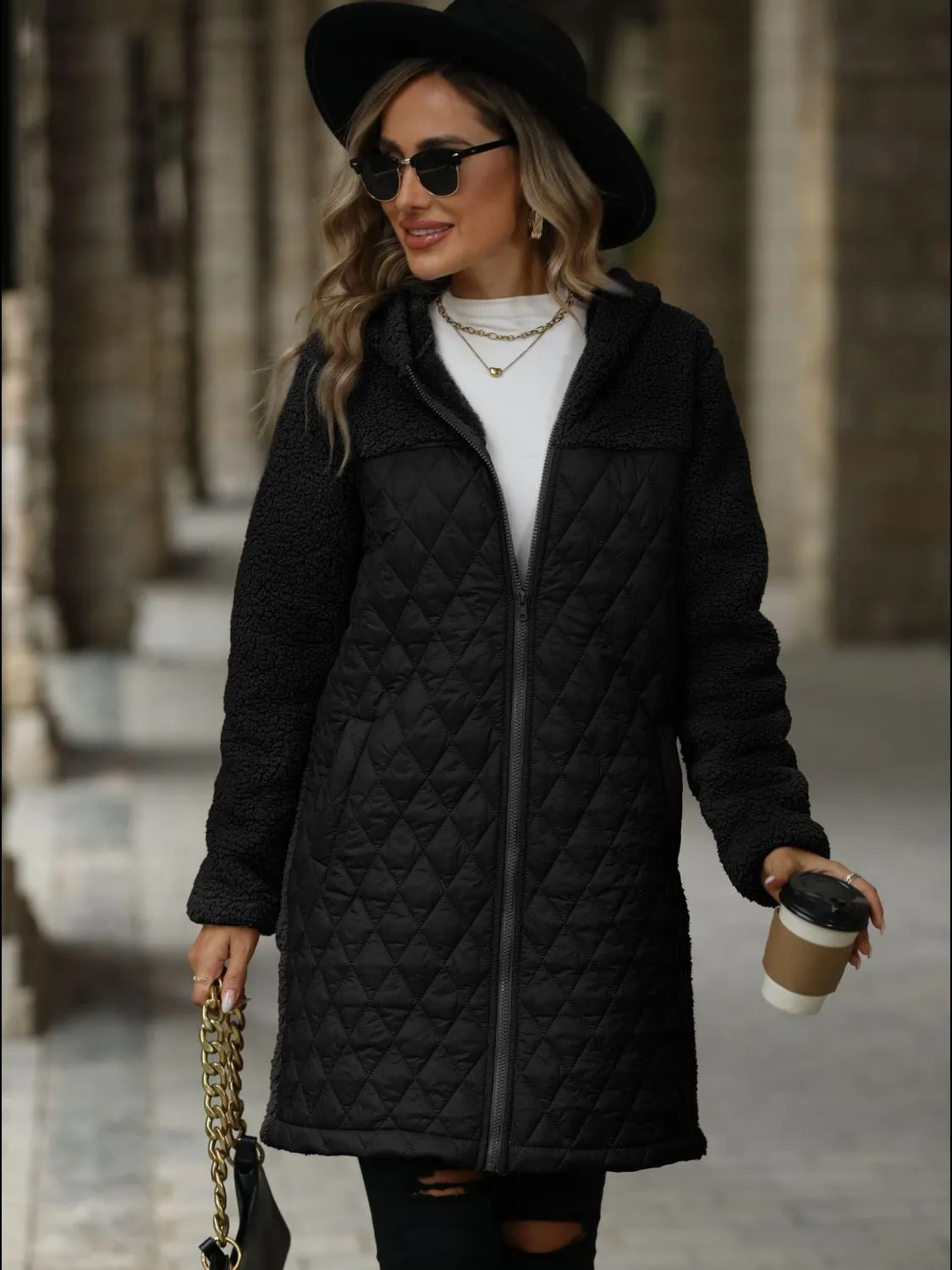 Texture Zip Up Long Sleeve Hooded Coat | Winter Coat