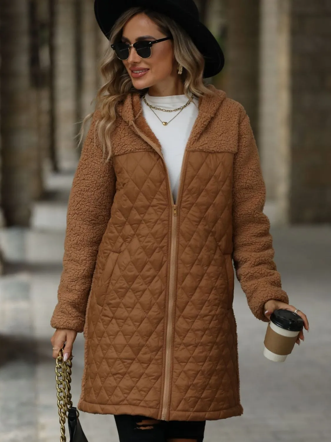 Texture Zip Up Long Sleeve Hooded Coat | Winter Coat