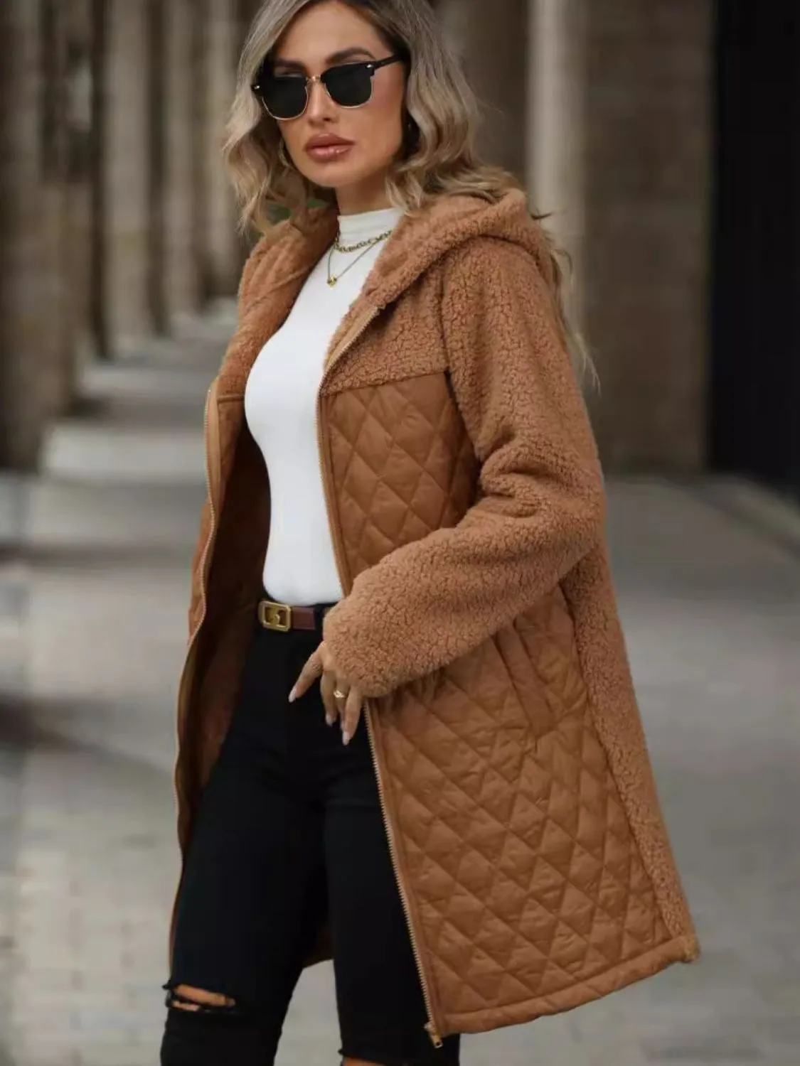 Texture Zip Up Long Sleeve Hooded Coat | Winter Coat