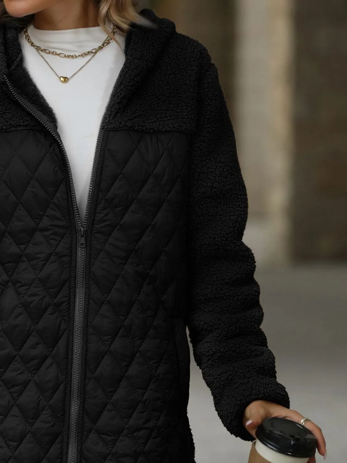 Texture Zip Up Long Sleeve Hooded Coat | Winter Coat