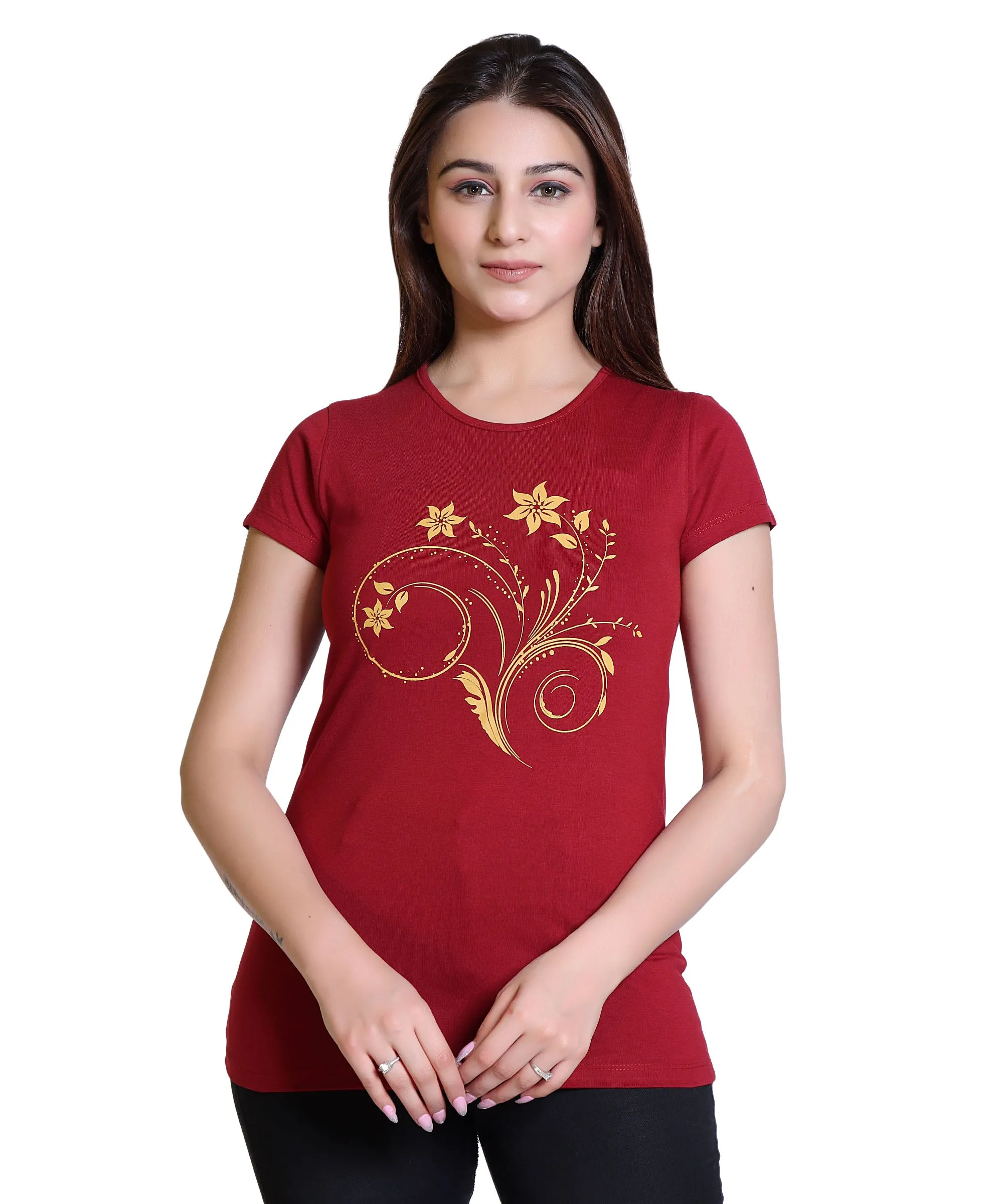 Women Floral Cotton Blend Round Neck Half Sleeves T-Shirt