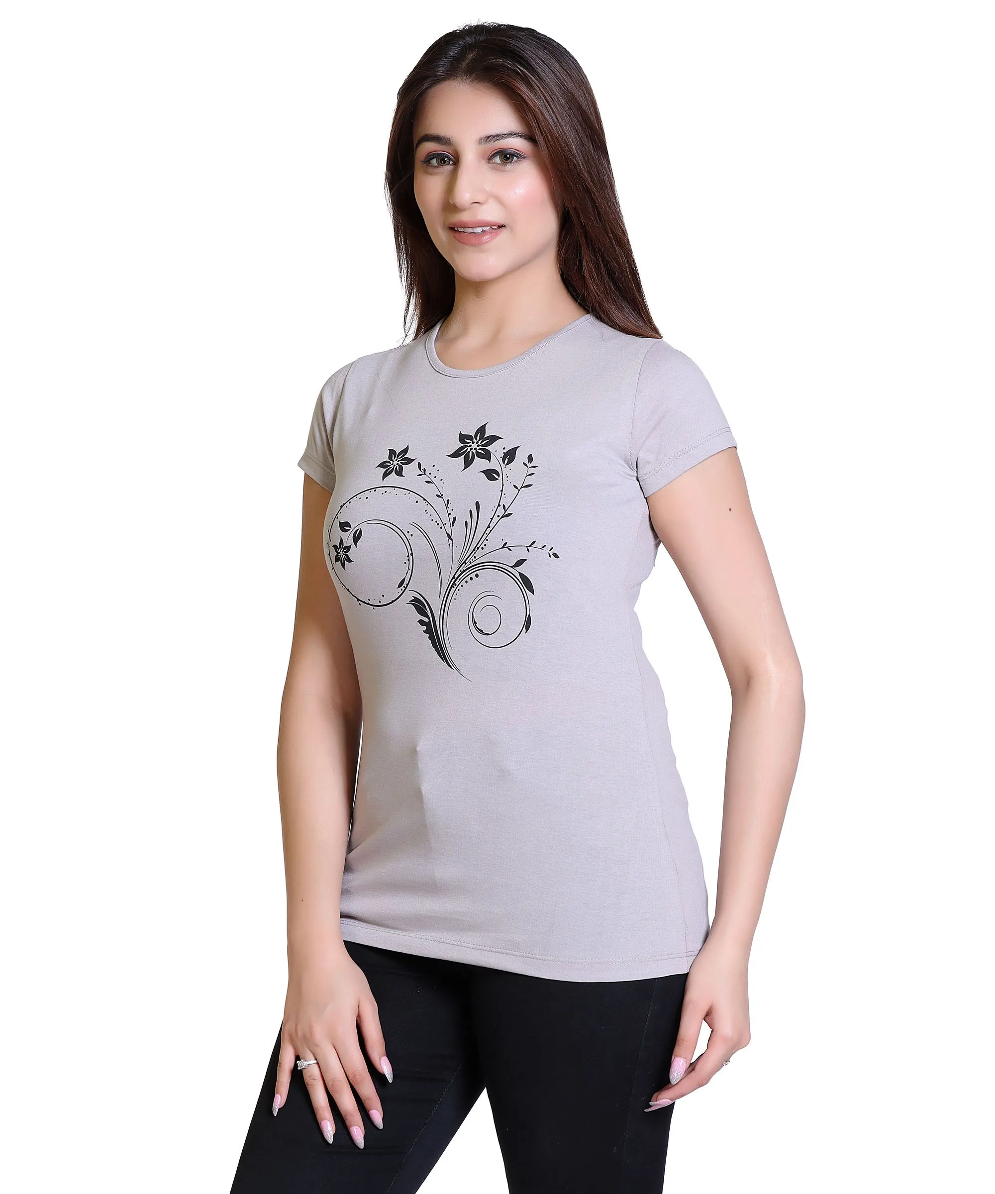 Women Floral Cotton Blend Round Neck Half Sleeves T-Shirt