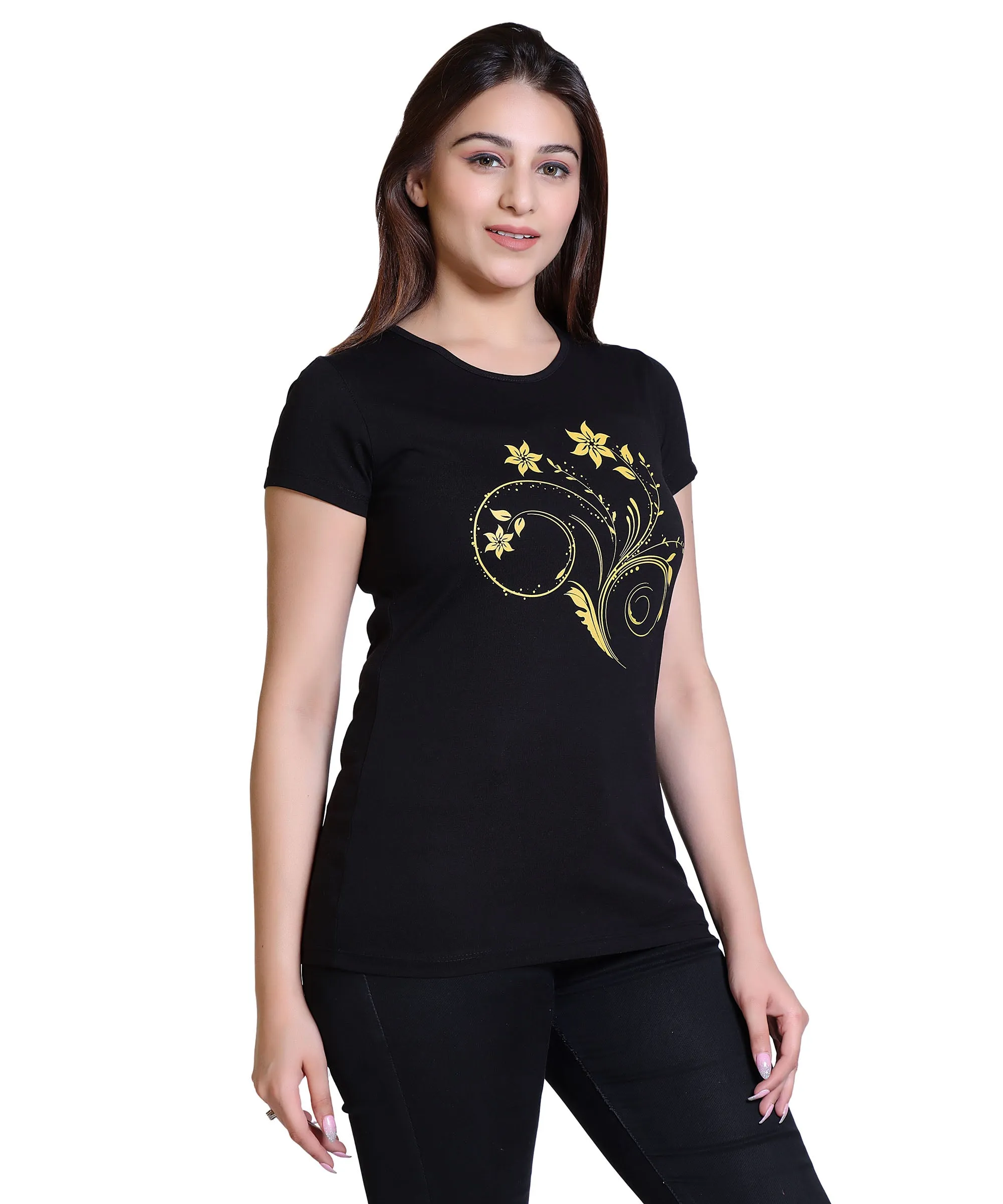 Women Floral Cotton Blend Round Neck Half Sleeves T-Shirt