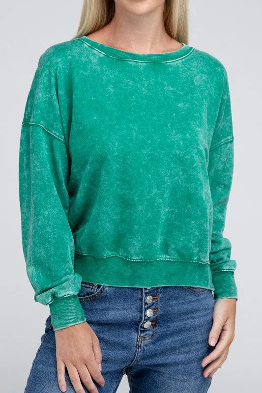 Zenana French Terry Acid Wash Boat Neck Pullover